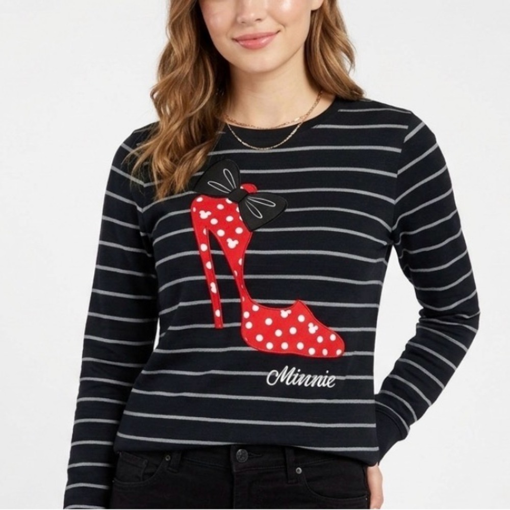 Disney Parks Minnie Mouse Red Polka Dot High Heel Striped Lightweight Sweater L